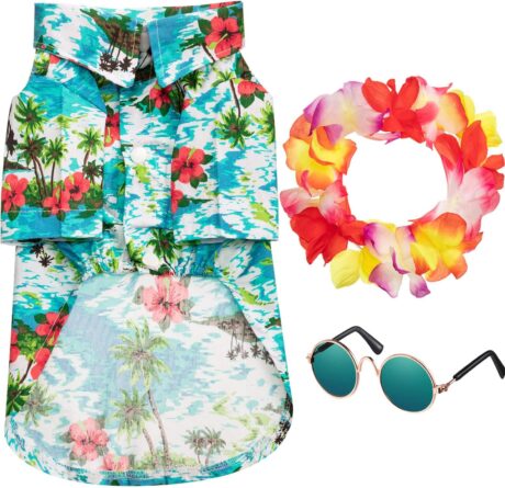 3 Pieces Pet Dog Hawaiian Costume, Includes Cool T-Shirts Summer Clothes, Funny Cute Retro Fashion Sunglasses and a Colorful Wreath for Small to Medium Dog (Green Series)