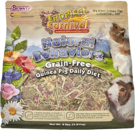 Natural Behaviors Grain-Free Guinea Pig Food – 4 Pounds, High-Fiber Timothy Hay Blend with Flowers & Leaves, Supports Natural Foraging, Chewing, and Digestive Health, Added Vitamin C