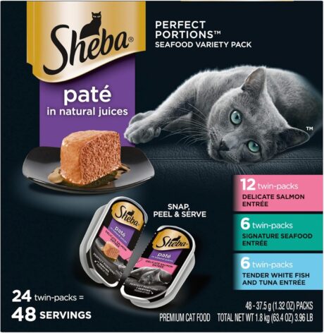 SHEBA Perfect Portions Paté Wet Cat Food Trays (24 Count, 48 Servings), Signature Seafood Entrée, Easy Peel Twin-Pack Trays
