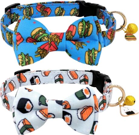 KUDES 2 Pack Print Dog Collars with Bow Tie, Adjustable Dog Collar with Bells and Charm Safety Buckle Cute Pet Collars for Small/Medium/Large Dogs and Cats Boys Girls (Hamburger+Sushi, S(10"-14"))