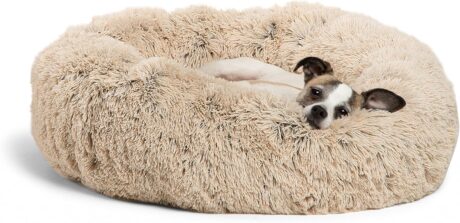 Best Friends by Sheri The Original Calming Donut Dog and Cat Bed in Shag Fur, Taupe, Small, 23x23