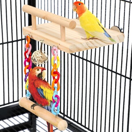 Wooden Bird Perches Platform, Parakeet Play Gym Stand with Acrylic Swing Hanging Standing Chewing Toy Bird Cage Toys for Parrot, Cockatiel, Budgerigar,Conure, Lovebirds,Finch