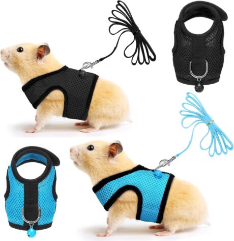 SATINIOR 2 Pieces Guinea Pig Clothes Baby Ferret Rats Hamster Soft Mesh Harness Leash Vest Set with Bell for Guinea Pigs, Hamster, Ferret, Rabbit, Chinchilla and Similar Small Animals(S)