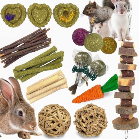 Rabbit Chew Toys Guinea Pig Toys Bunny Toys Natural Timothy Hay Sticks Hamster Chew Toys for Teeth and Apple Sticks for Rabbits Chinchilla Ball Gerbil Toys