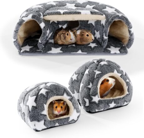 MABOZOO 3 Pack Guinea Pig House Accessories, 2 Cozy Guinea Pig Bed and Thick Guinea Pig Hideout Tunnel, Guinea Pig Hideout for Guinea Pig, Hamster, Rabbit, Bunny, Chinchillas(Gray)