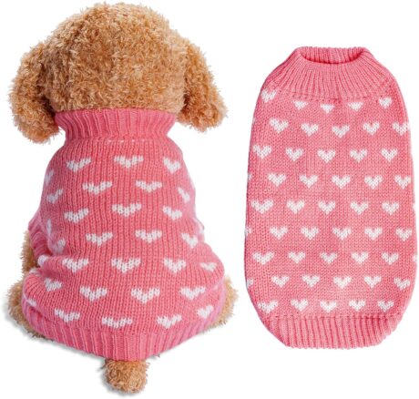 Dxhycc Dog Knitted Sweater Heart Puppy Sweater Warm Soft Pet Holiday Clothes for Small Cats and Dogs (Pink, S)