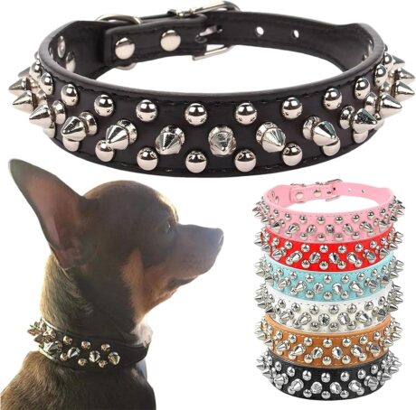 PETCARE Spiked Dog Collar Black Soft Pu Leather Funny Mushrooms Rivet Spike Studded Puppy Collar Adjustable Outdoor Pet Dog Collar for Small Medium Large Dogs Cats Chihuahua Pug Pit Bull Dog Collars