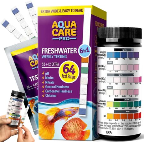Freshwater Aquarium Test Strips 6 in 1 - Fish Tank Test Kit for Testing pH Nitrite Nitrate Chlorine General & Carbonate Hardness (GH & KH) - Easy to Read Wide Strips & Full Water Testing Guide - 64 Ct