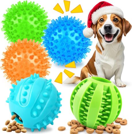 Puppy Toys Dog Balls, 5 Pack Interactive Dog Toys, 2.5" Squeaky Balls and Treat Balls, Dog Chew Toys for Small to Medium Dogs Teething and IQ Training