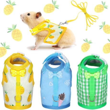 3 Pieces Guinea Pig Harness with Leash Small Pet Harness Fruit Plaid Pattern Adjustable Padded Walking Vest for Pet Hamster Ferret and Squirrel Small Animals (Pineapple, Blue, Green Plaid, Small)