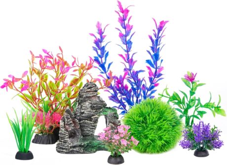 Ameliade Aquarium Decorations Fish Tank Artificial Plastic Plants & Cave Rock Decor Set, Goldfish Betta Fish Tank Accessories Small Large Fish Bowl Decorations