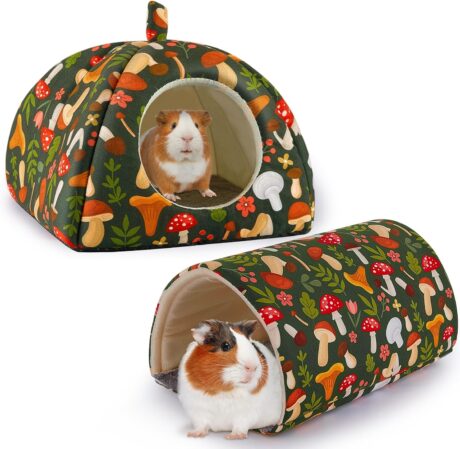Guinea Pig Hideout, Bienbee Rabbit Bed with Guinea Pig Tunnel, 2 Pack Guinea Pig Toys Set Guinea Pig House Rabbit Hideout Guinea Pig Accessories for Hamster Ferret Rabbit Bunny Black Mushroom