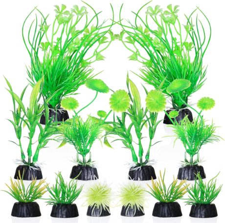 Aquarium Plants, Artificial Fish Tank Decorations Decor Plastic Plants Set 12 Pcs