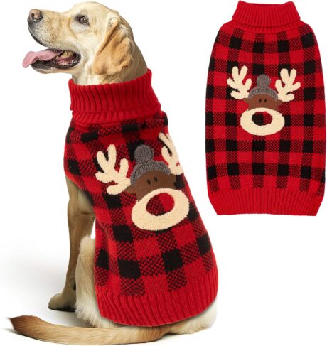 KYEESE Dog Christmas Sweater Reindeer Christmas Dog Sweater for Medium Dogs with Leash Hole Large Dog Christmas Sweater Red Buffalo Check Pet Sweater Dog Christmas Outfit,XXL