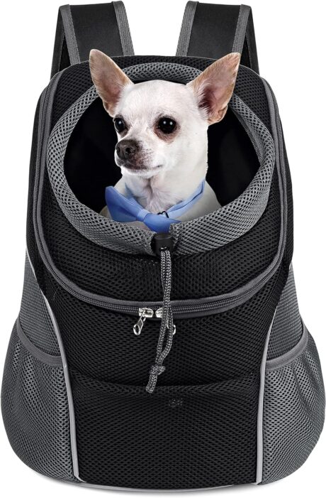 WOYYHO Pet Dog Carrier Backpack with Storage Pockets Small Dog Front Backpack Adjustable Straps Dog Backpack Breathable Dog Front Carrier with Safety Belt for Travel Hiking Cycling Outdoor Use
