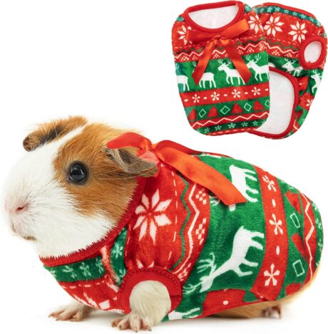 Guinea Pig Clothes - 2 Pack Christmas Warm Vest Pet Costume for Guinea Pigs Rabbit Bunny Ferret Chinchilla Kitten Puppy Small Animals - Cute Plaid Cozy Fleece Pet Shirts for Winter Holidays